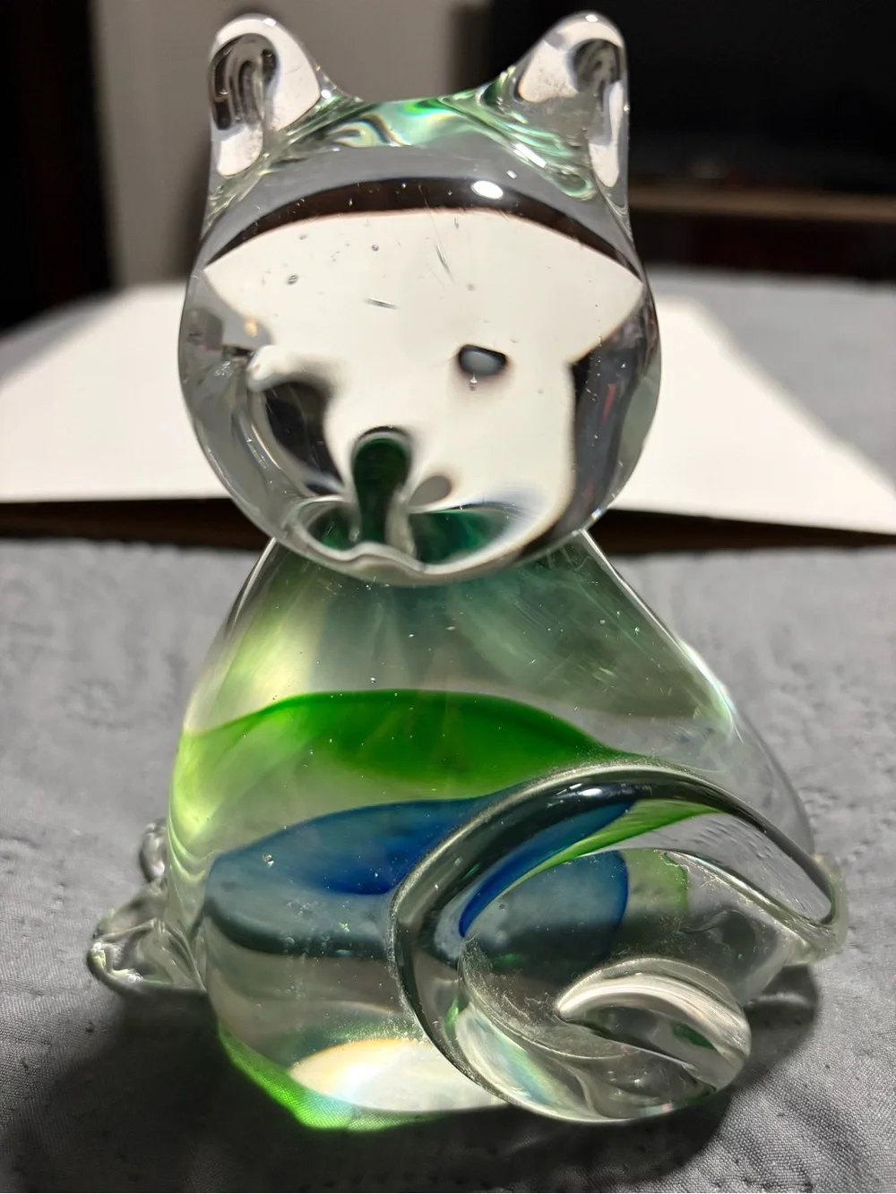 Clear Glass Cat Figurine with Green and Blue Swirl - Brand Unbranded